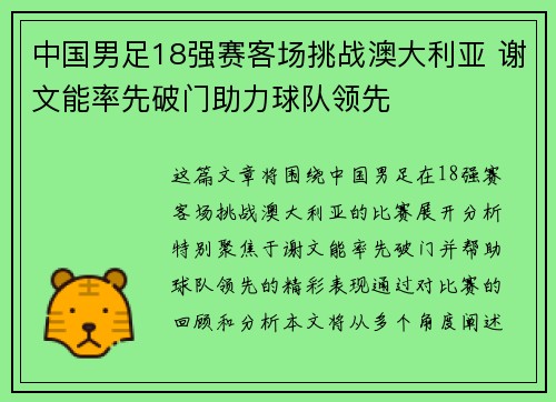 中国男足18强赛客场挑战澳大利亚 谢文能率先破门助力球队领先