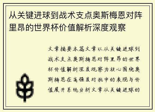 从关键进球到战术支点奥斯梅恩对阵里昂的世界杯价值解析深度观察