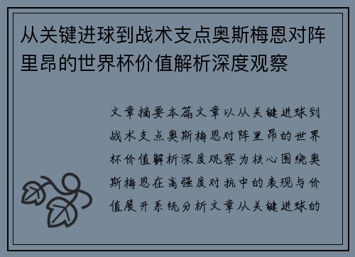 从关键进球到战术支点奥斯梅恩对阵里昂的世界杯价值解析深度观察